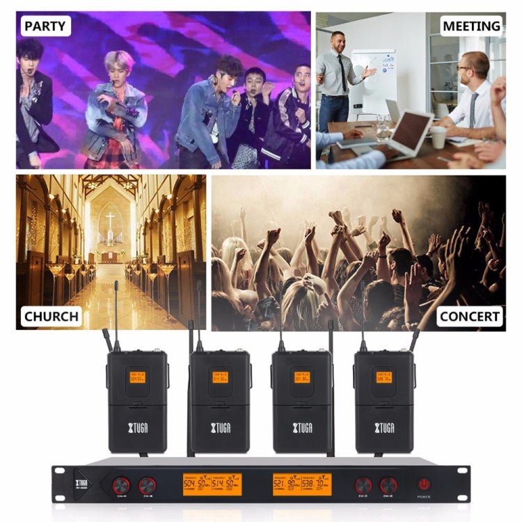 XTUGA A400 - B Professional 4 - Channel UHF Wireless Microphone System with 4 BodyPack Lavalier Headset Microphone(UK Plug) - British D'sire
