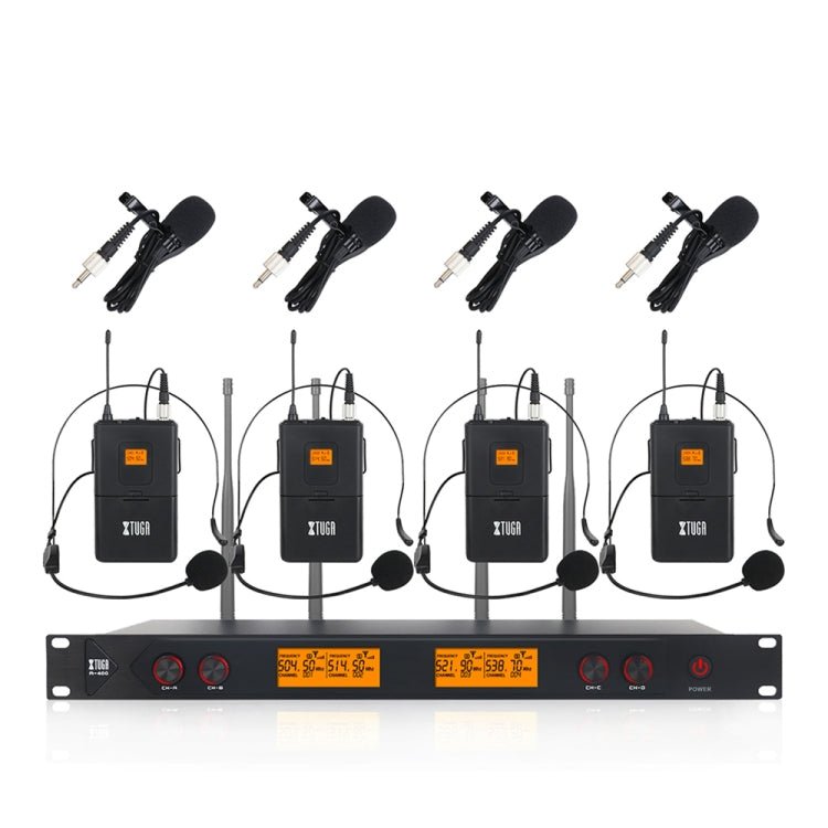 XTUGA A400 - B Professional 4 - Channel UHF Wireless Microphone System with 4 BodyPack Lavalier Headset Microphone(UK Plug) - British D'sire Main image