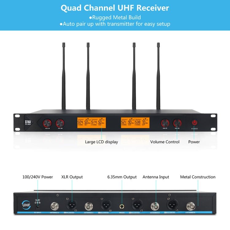 XTUGA A400 - B Professional 4 - Channel UHF Wireless Microphone System with 4 BodyPack Lavalier Headset Microphone(UK Plug) - British D'sire