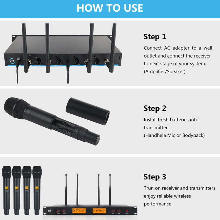 XTUGA A400 - H Professional 4 - Channel UHF Wireless Microphone System with 4 Handheld Microphone(AU Plug) - British D'sire