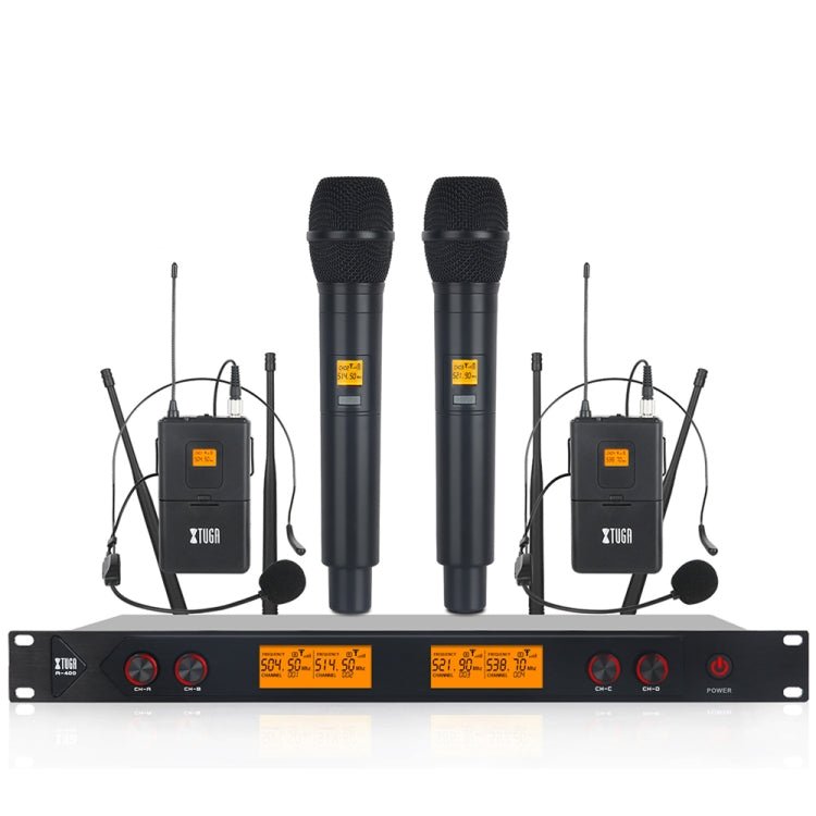 XTUGA A400 - HB Professional 4 - Channel UHF Wireless Microphone System with 2 Handheld & 2 Headset Microphone(UK Plug) - British D'sire