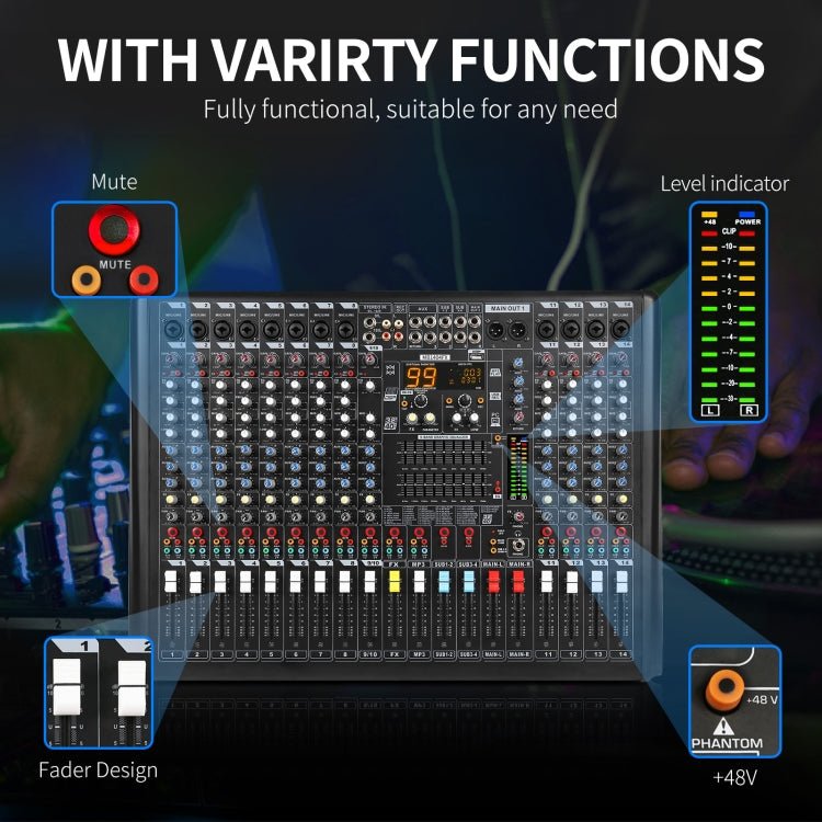 XTUGA B1404FX 14 Channels Bluetooth Audio Mixer Digital DJ Controller Sound Mixing Console (EU Plug) - British D'sire