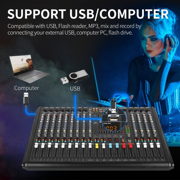XTUGA B1404FX 14 Channels Bluetooth Audio Mixer Digital DJ Controller Sound Mixing Console (EU Plug) - British D'sire