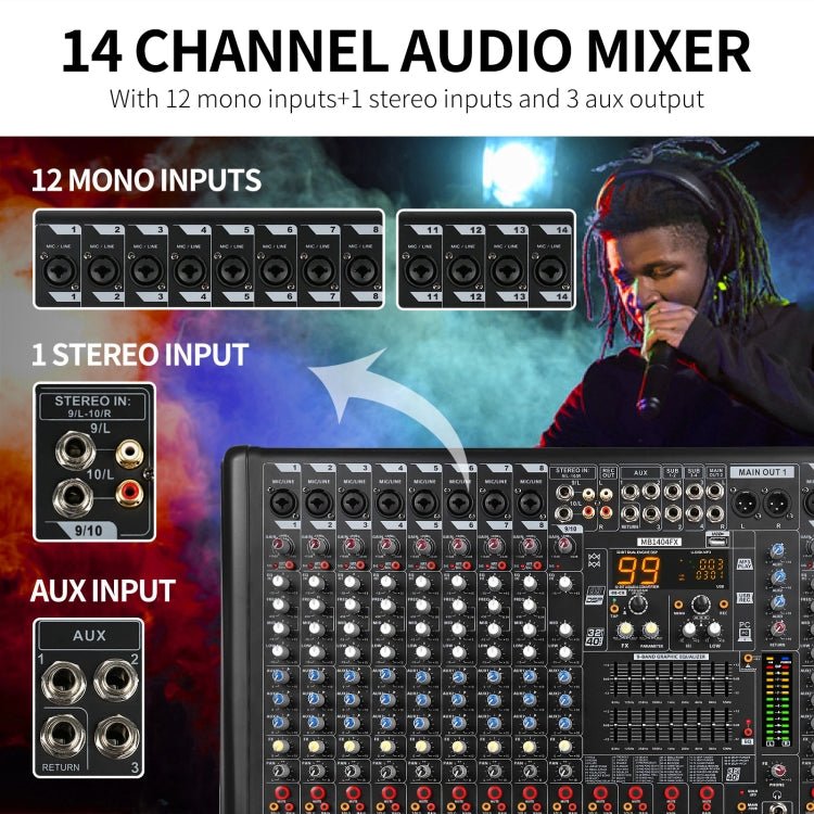 XTUGA B1404FX 14 Channels Bluetooth Audio Mixer Digital DJ Controller Sound Mixing Console (EU Plug) - British D'sire