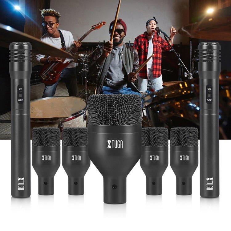 XTUGA DI7 7 - Piece Wired Dynamic Drum Mic Kit Kick Bass Tom/Snare Cymbals Microphone Set with XLR Cables - British D'sire