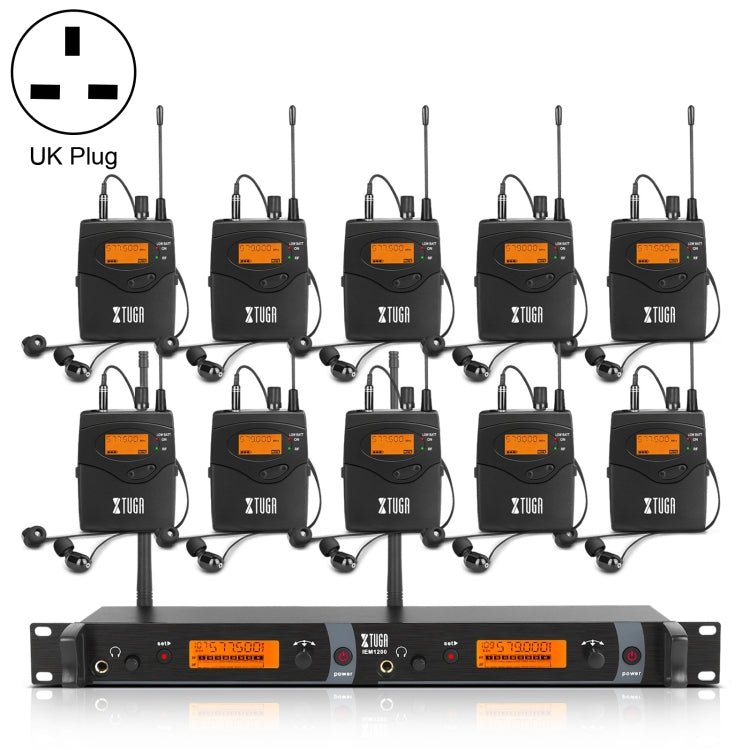 XTUGA IEM1200 Wireless Transmitter 10 Bodypack Stage Singer In - Ear Monitor System (UK Plug) - British D'sire