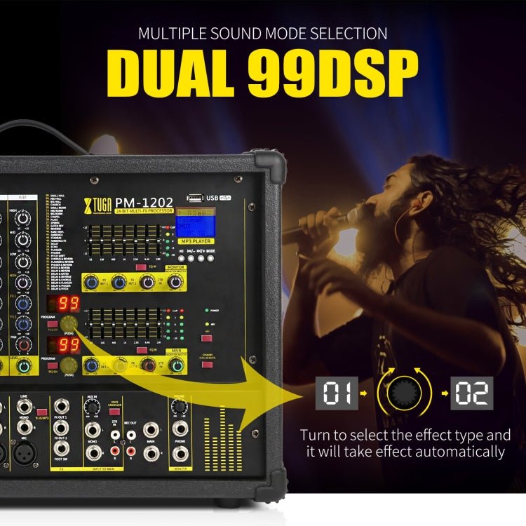 XTUGA PM1202 900W 10 Channel Stage Power Mixer 24Bit Multil - FX Processor Dual 99 DSP Effect DJ Amplifier (EU Plug) - British D'sire