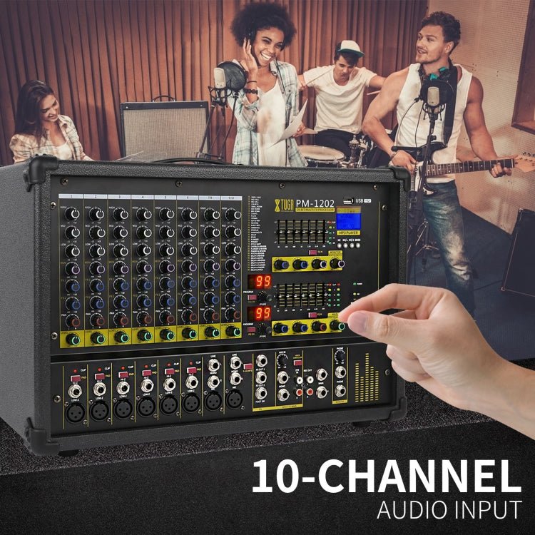 XTUGA PM1202 900W 10 Channel Stage Power Mixer 24Bit Multil - FX Processor Dual 99 DSP Effect DJ Amplifier (EU Plug) - British D'sire