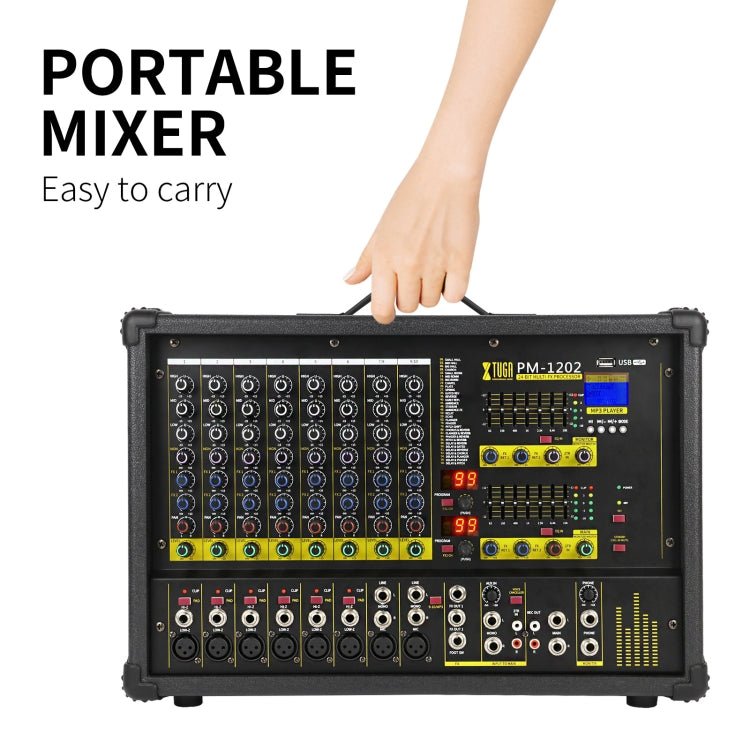 XTUGA PM1202 900W 10 Channel Stage Power Mixer 24Bit Multil - FX Processor Dual 99 DSP Effect DJ Amplifier (EU Plug) - British D'sire