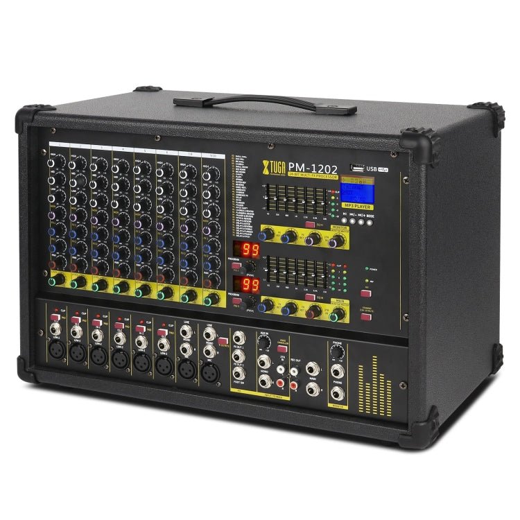 XTUGA PM1202 900W 10 Channel Stage Power Mixer 24Bit Multil - FX Processor Dual 99 DSP Effect DJ Amplifier (UK Plug) - British D'sire
