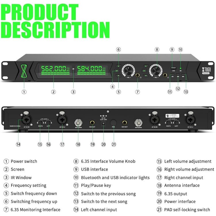 XTUGA RW2090 Professional Stage Wireless 2 Channel In Ear Monitoring System 2 in 1(EU Plug) - British D'sire