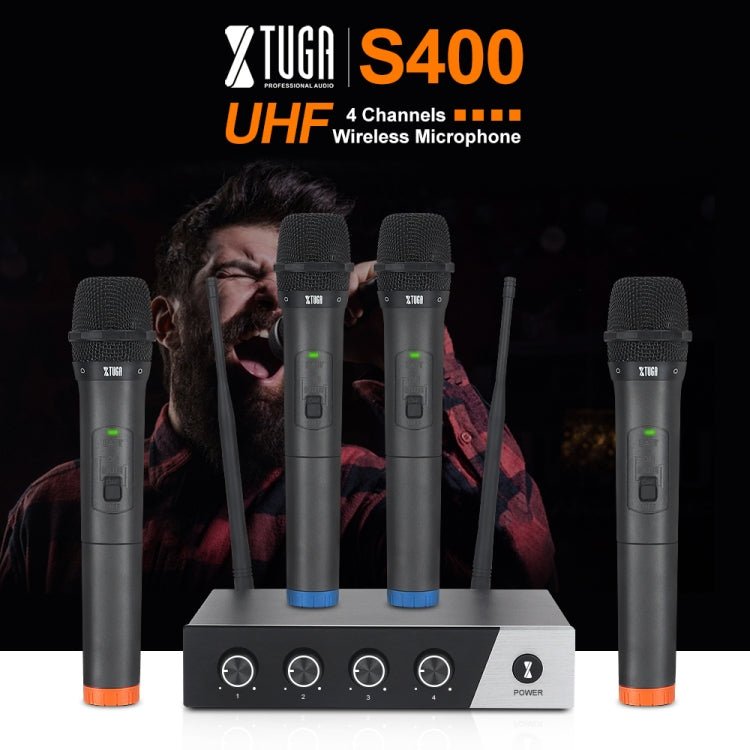 XTUGA S400 Professional 4 - Channel UHF Wireless Microphone System with 4 Handheld Microphone(AU Plug) - British D'sire
