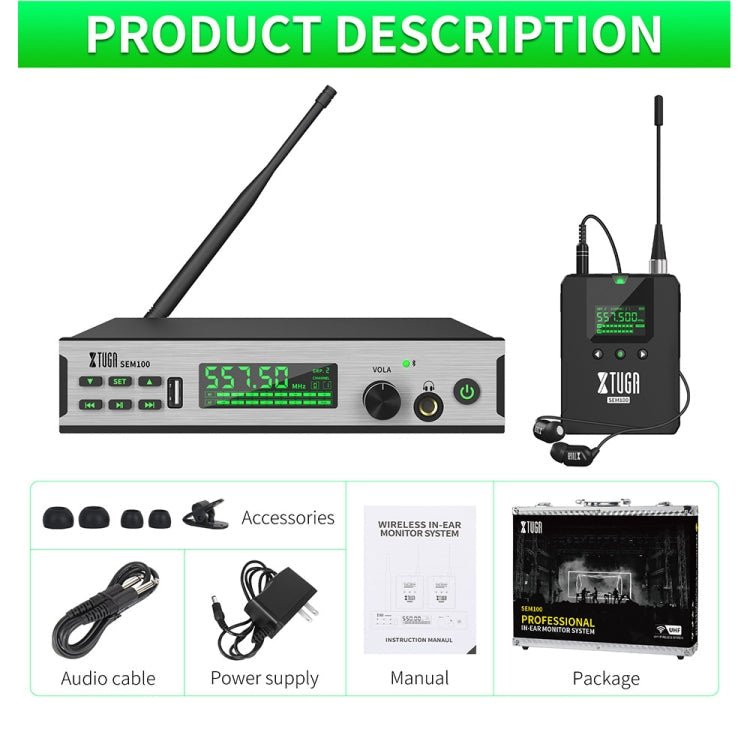 XTUGA SEM100 Professional Wireless In Ear Monitor System 2 BodyPacks(US Plug) - British D'sire