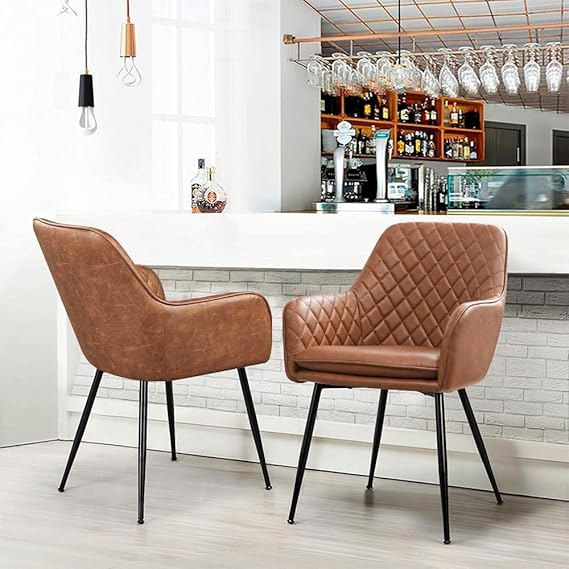 Yaheetech Set of 2 PU Leather Dining Chairs Modern Tufted Accent Chairs with Backrest/Armrest for Kitchen/Living Room/Counter/Lounge, Brown - Dining Chairs - British D'sire