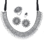 YELLOW CHIMES Antique Silver Oxidized Ethnic Indian Traditional Leaf Charm Pink Thread Neck Dori Necklace Earrings Jewelry Set - Jewellery & Watches - British D'sire