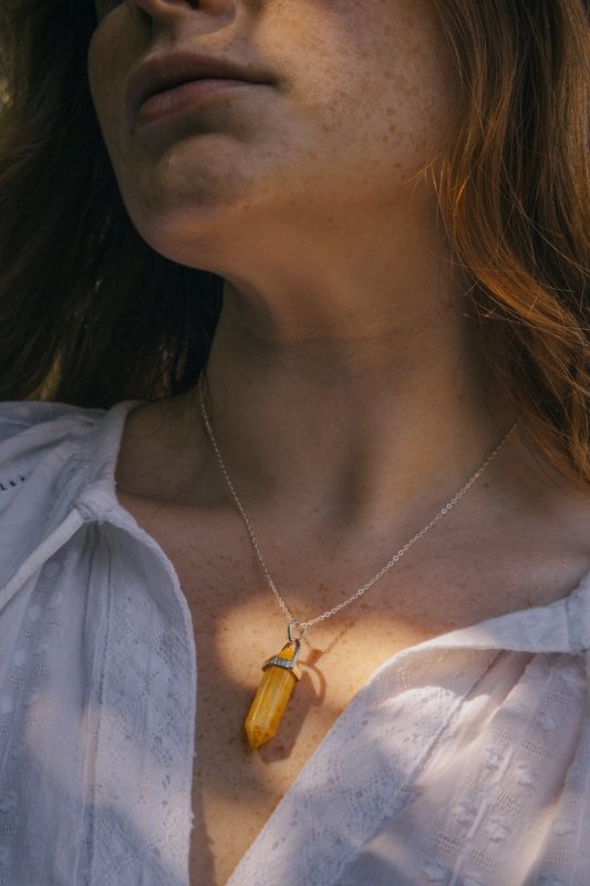 Yellow Jade Crystal Point Necklace in Silver - Necklaces - British D'sire