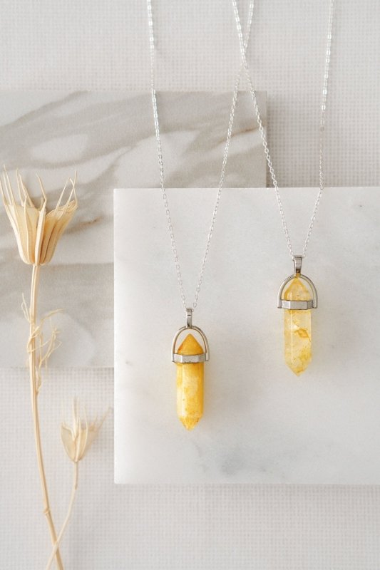 Yellow Jade Crystal Point Necklace in Silver - Necklaces - British D'sire