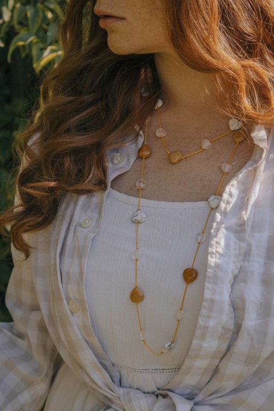 Yellow Jade with Howlite and Quartz Heart Necklace in Gold - Necklaces - British D'sire Main image