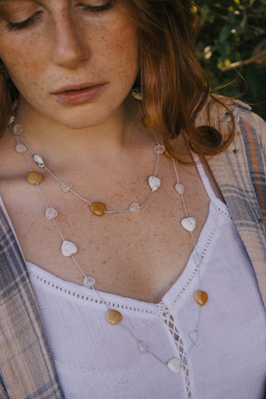 Yellow Jade with Howlite and Quartz Heart Necklace in Silver - Necklaces - British D'sire Main image