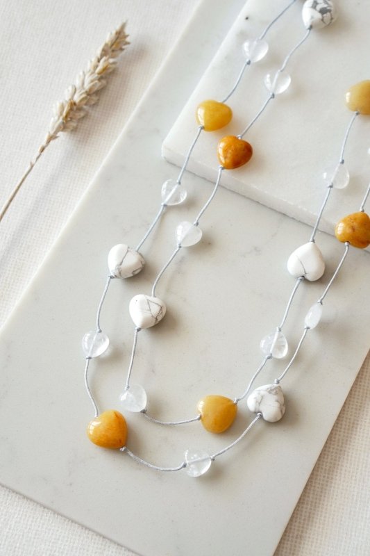 Yellow Jade with Howlite and Quartz Heart Necklace in Silver - Necklaces - British D'sire