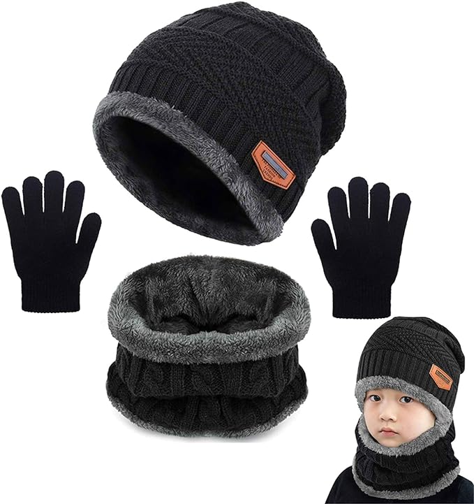 Yutdeng Warm Scarf Hat and Gloves Set for Boys Girls Winter Knitted Beanie Hat Fleece Lined Circle Scarf Kids Soft Thermal Neck Warmer Gift Outdoor Skiing 2 - 8 Years Old - British D'sire Main image