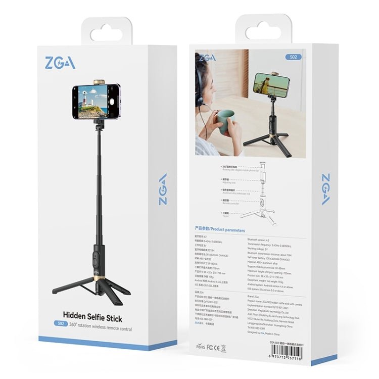 ZGA S02 Bluetooth Remote Control Hidden Tripod Selfie Stick(Black) - British D'sire
