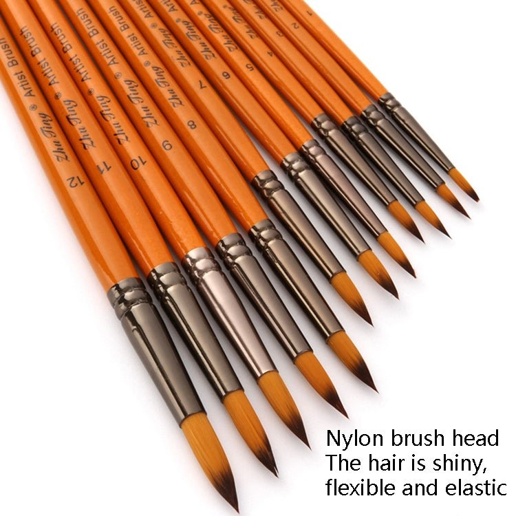 ZHU TING 12 PCS / Set Short Wooden Pole Nylon Hair Watercolor Hook Line Brush Nail Oil Painting Stroke Brush - British D'sire