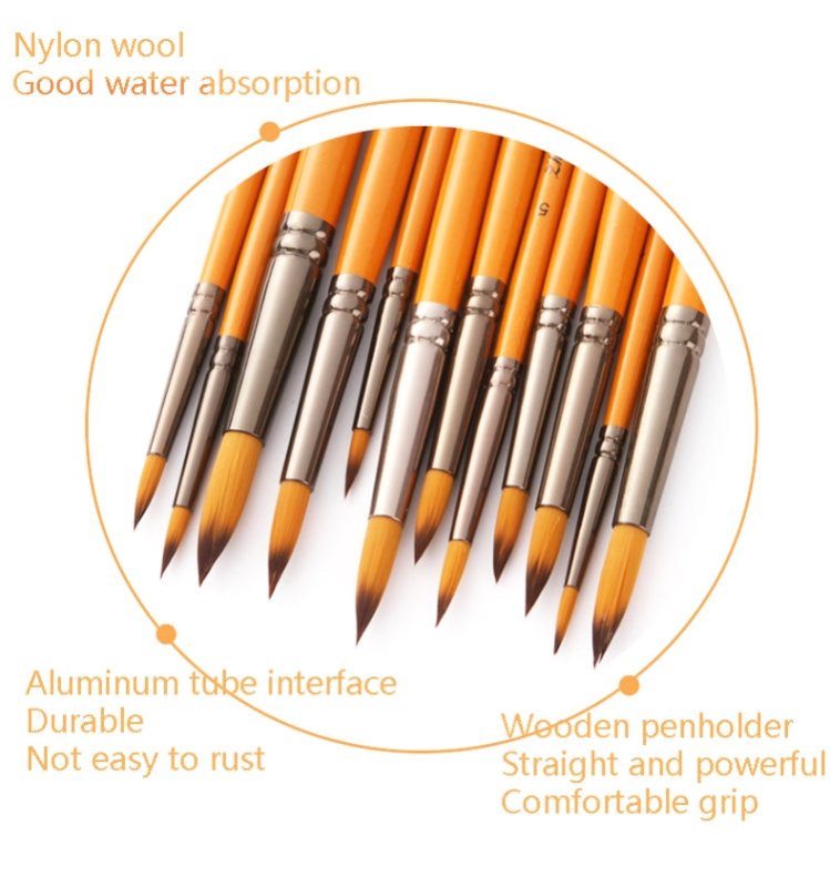 ZHU TING 12 PCS / Set Short Wooden Pole Nylon Hair Watercolor Hook Line Brush Nail Oil Painting Stroke Brush - British D'sire