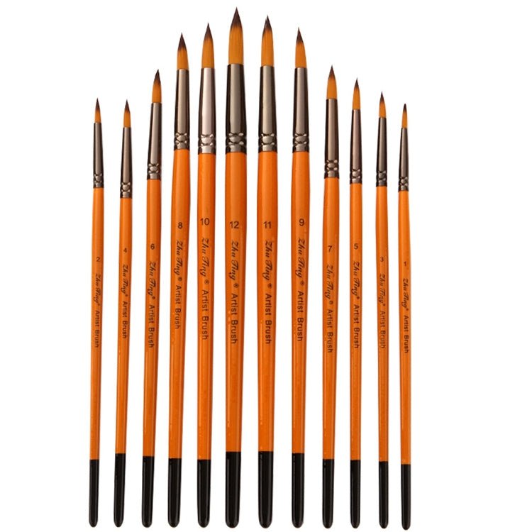 ZHU TING 12 PCS / Set Short Wooden Pole Nylon Hair Watercolor Hook Line Brush Nail Oil Painting Stroke Brush - British D'sire Main image