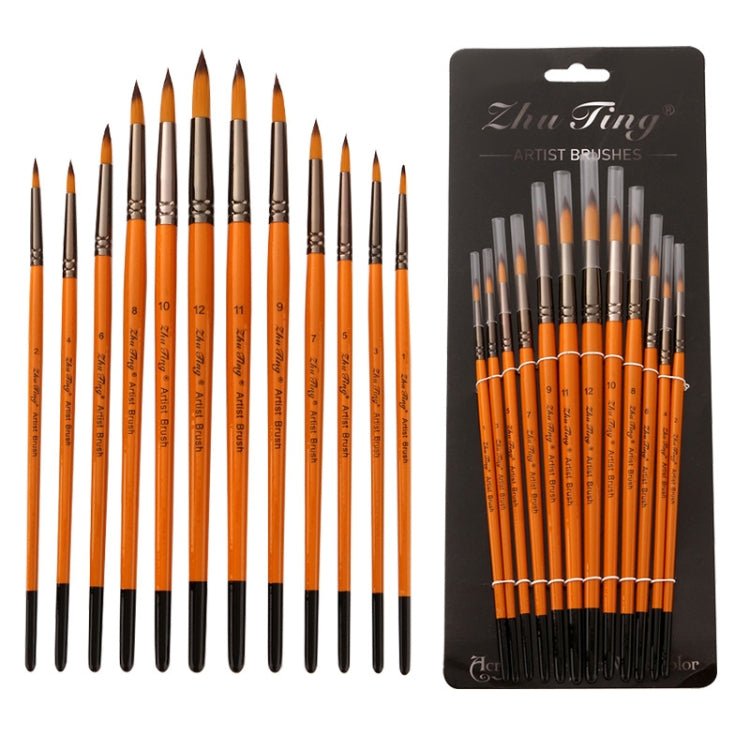 ZHU TING 12 PCS / Set Short Wooden Pole Nylon Hair Watercolor Hook Line Brush Nail Oil Painting Stroke Brush - British D'sire