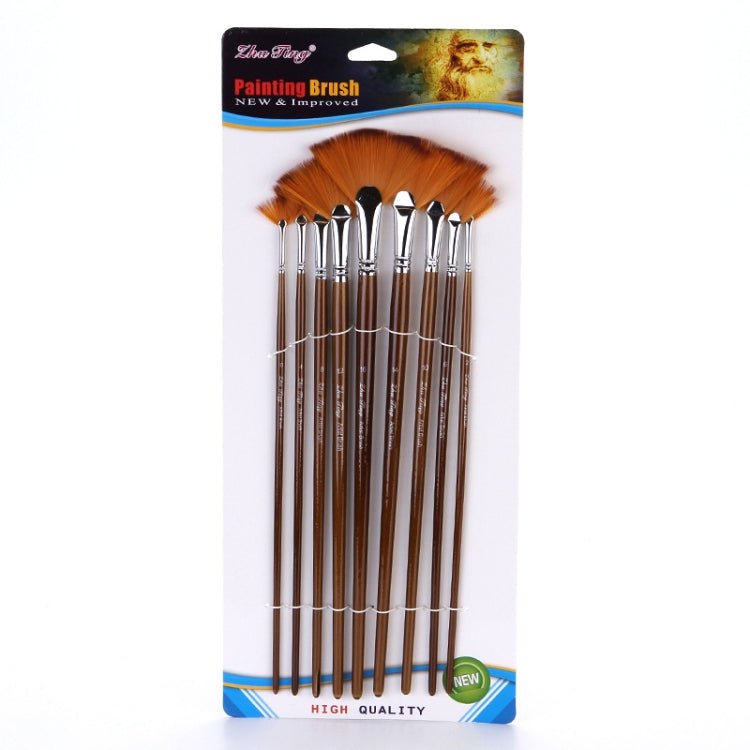 ZHU TING 9 PCS / Set Wooden Pole Fan - Shaped Nylon Hair Paintbrush Gouache Watercolor Acrylic Oil Painting Fishtail - British D'sire