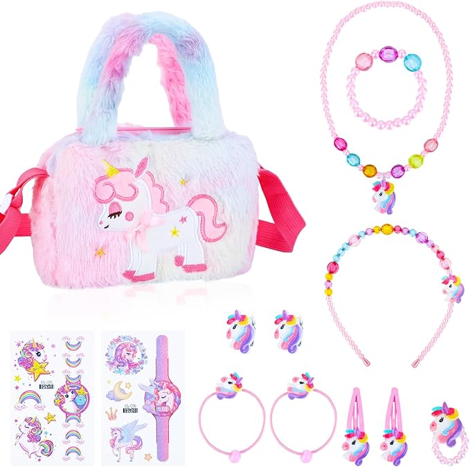 Zuimei Unicorn Jewellery Set for Girls, Unicorn Crossbody Bag with Jewelry Sets Unicorn Handbag Bracelets Necklaces Kids Dress Up Jewelry Unicorn Gifts for Girls 2 3 4 5 6 7 8 Year Old - Kids Jewellery - British D'sire Main image