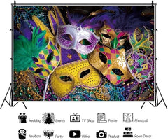 10x8ft Masquerade Party Large Backdrop Mask Prom Dance Decorations Gold Green Purple for Carnival Dress Up Party Background for Photography Mardi Gras Festival Fiesta Birthday Party Banner Supplies - British D'sire