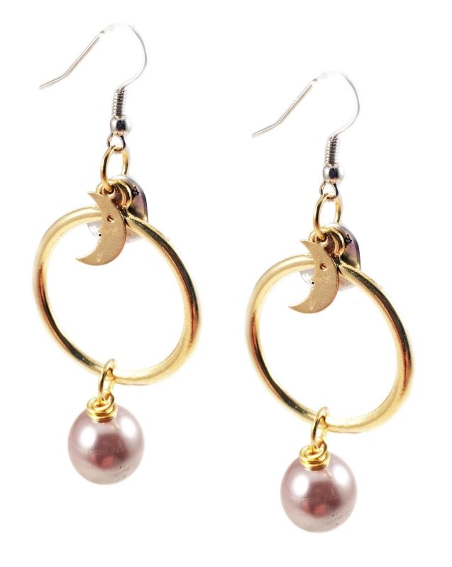 18kt Gold Plated and Silver Plated Hoop Earrings with Pearls and Moon Charms. Moon and Pearls Drop Earrings. - earrings - British D'sire