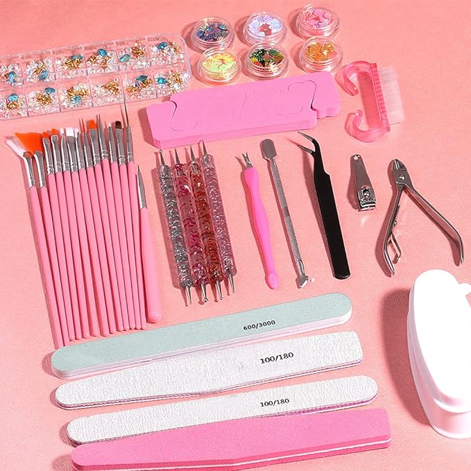 1Set Nail Art Files Buffer Sanding Kit Cuticle Pusher Cutter Dead Skin Remover Dotting Pen Cleaning Brush Manicure Tool Nail Manicure Set Tools - British D'sire
