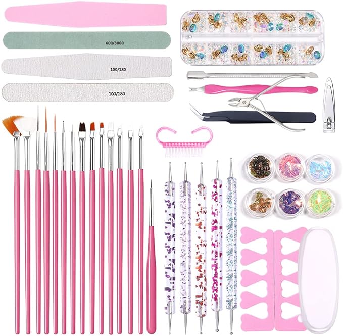 1Set Nail Art Files Buffer Sanding Kit Cuticle Pusher Cutter Dead Skin Remover Dotting Pen Cleaning Brush Manicure Tool Nail Manicure Set Tools - British D'sire