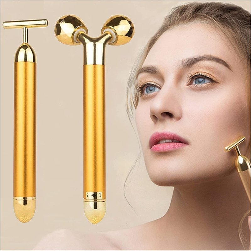 2 in 1 Face Massager Roller Gold Facial Massager, Electric 3D Face Roller and T Shape Arm Eye Nose Head Massager Instant Face Lift anti Wrinkles - Skin Care Kits & Combos - British D'sire Main image