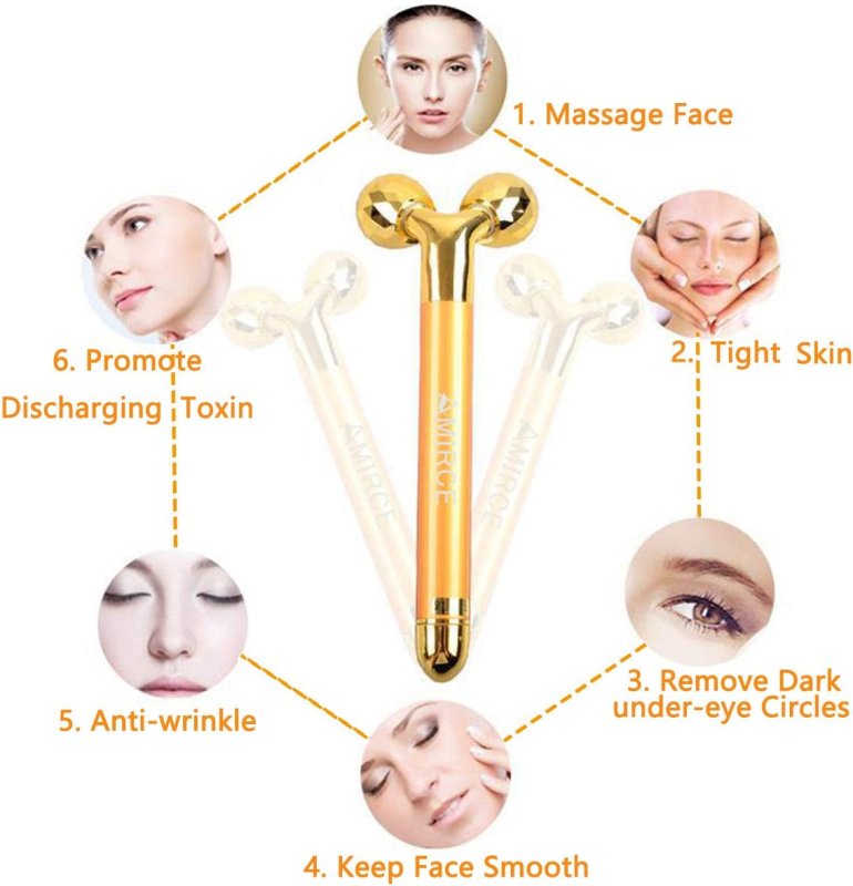 2 in 1 Face Massager Roller Gold Facial Massager, Electric 3D Face Roller and T Shape Arm Eye Nose Head Massager Instant Face Lift anti Wrinkles - Skin Care Kits & Combos - British D'sire