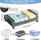 2 Pack Under Bed Storage with Wheels Lid 48L Rolling Metal Frame Underbed Containers Clear Window Storage Bag Box Organization Home Bedroom Organizer Drawer Bin for Clothes Shoes Toys Blankets Grey - British D'sire