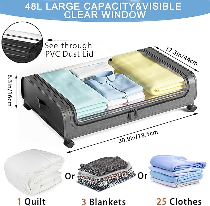2 Pack Under Bed Storage with Wheels Lid 48L Rolling Metal Frame Underbed Containers Clear Window Storage Bag Box Organization Home Bedroom Organizer Drawer Bin for Clothes Shoes Toys Blankets Grey - British D'sire