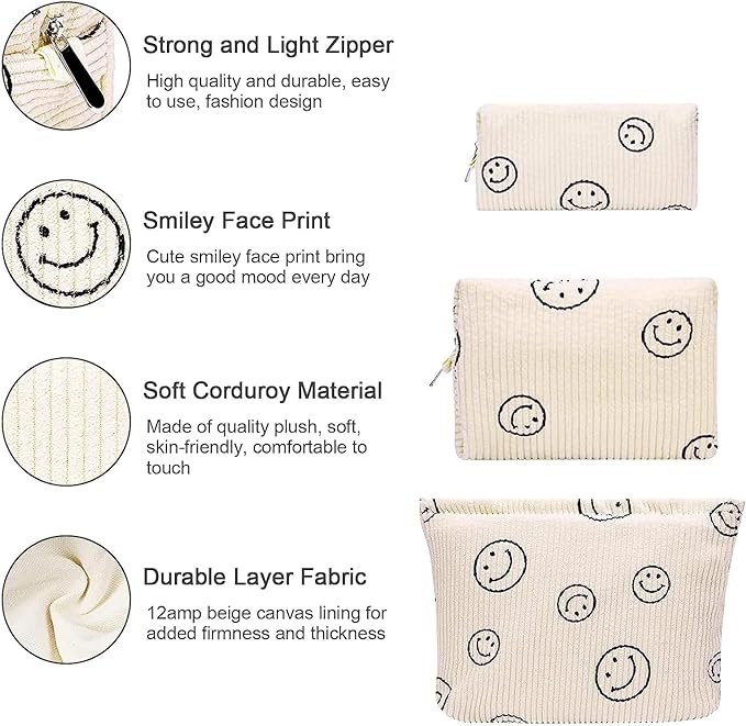 3 Pcs Corduroy Cosmetic Bag,Smile Cosmetic Bag,Travel Portable Cosmetic Bag,Ladies Cosmetic Bag,Smile Print Makeup Bag for Women - British D'sire