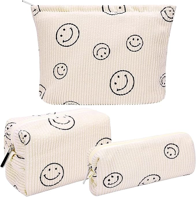 3 Pcs Corduroy Cosmetic Bag,Smile Cosmetic Bag,Travel Portable Cosmetic Bag,Ladies Cosmetic Bag,Smile Print Makeup Bag for Women - British D'sire