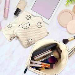 3 Pcs Corduroy Cosmetic Bag,Smile Cosmetic Bag,Travel Portable Cosmetic Bag,Ladies Cosmetic Bag,Smile Print Makeup Bag for Women - British D'sire