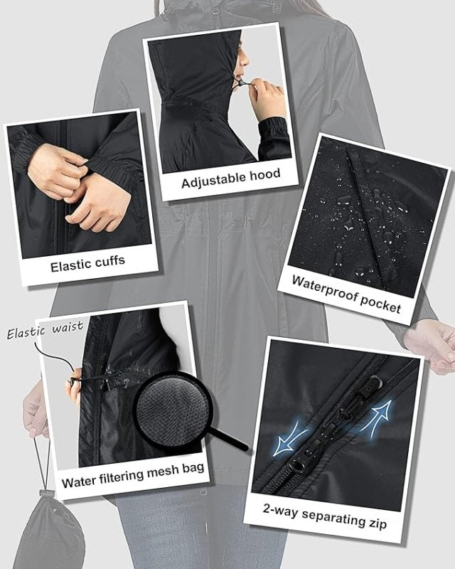 33,000ft Women's Rain Jacket Lightweight Hooded Long Rain Coat Waterproof Jacket Ladies Packable Functional Jacket Windbreaker Breathable Active Outdoor Coats - British D'sire