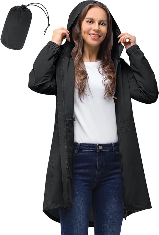 33,000ft Women's Rain Jacket Lightweight Hooded Long Rain Coat Waterproof Jacket Ladies Packable Functional Jacket Windbreaker Breathable Active Outdoor Coats - Women's Jacket - British D'sire