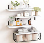 4+1 Tier Floating Shelves, Rustic Wood Wall Mounted Shelf, Bathroom Shelves Over Toilet with Wire Storage Basket, Farmhouse Wall Decor for Bedroom, Living Room, Kitchen, Office, and More (White) - British D'sire