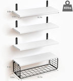 4+1 Tier Floating Shelves, Rustic Wood Wall Mounted Shelf, Bathroom Shelves Over Toilet with Wire Storage Basket, Farmhouse Wall Decor for Bedroom, Living Room, Kitchen, Office, and More (White) - British D'sire