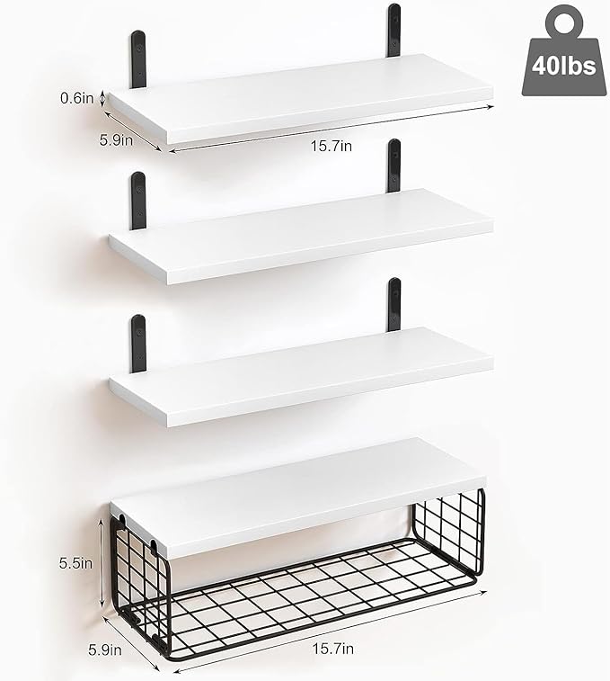 4+1 Tier Floating Shelves, Rustic Wood Wall Mounted Shelf, Bathroom Shelves Over Toilet with Wire Storage Basket, Farmhouse Wall Decor for Bedroom, Living Room, Kitchen, Office, and More (White) - British D'sire