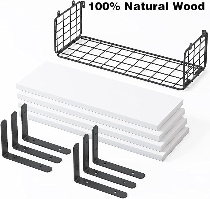 4+1 Tier Floating Shelves, Rustic Wood Wall Mounted Shelf, Bathroom Shelves Over Toilet with Wire Storage Basket, Farmhouse Wall Decor for Bedroom, Living Room, Kitchen, Office, and More (White) - British D'sire