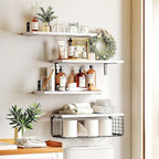 4+1 Tier Floating Shelves, Rustic Wood Wall Mounted Shelf, Bathroom Shelves Over Toilet with Wire Storage Basket, Farmhouse Wall Decor for Bedroom, Living Room, Kitchen, Office, and More (White) - British D'sire